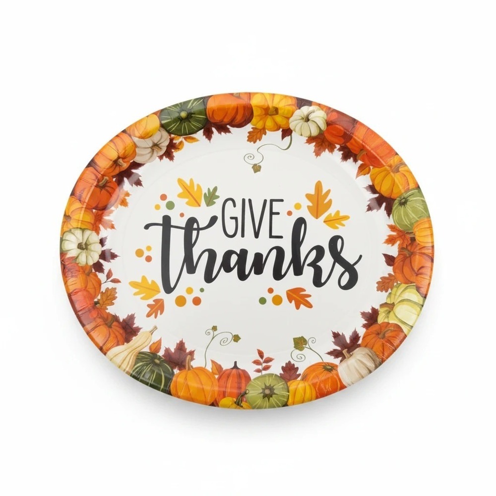 50 Pack QZYL Thanksgiving "Give Thanks" Oval Large Disposable Plates Multicolor